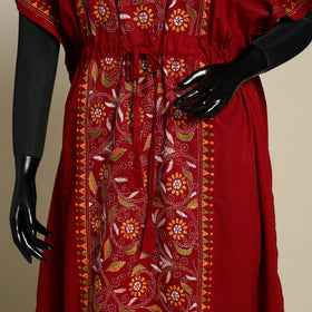 Maroon Bengal Kantha Hand Embroidery Cotton Kaftan (Long) 