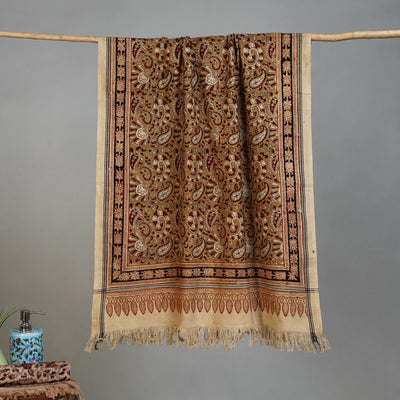 Yellow - Handloom Cotton Natural Dyed Block Print Pedana Kalamkari Towel 41
