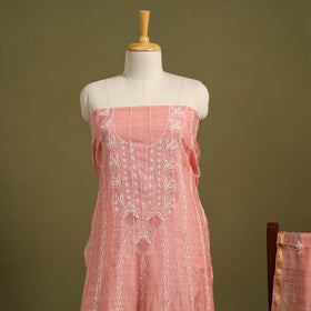 2pc Mul Chanderi Semi Stitched Peach Anarkali Heavy Chikankari Kurta Set