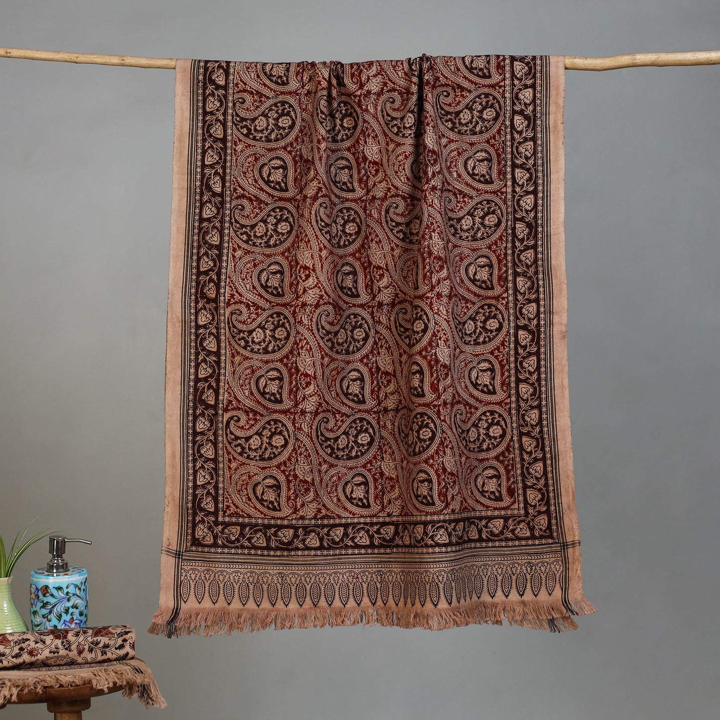 Maroon - Handloom Cotton Natural Dyed Block Print Pedana Kalamkari Towel 42