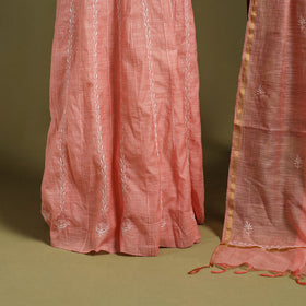 2pc Mul Chanderi Semi Stitched Peach Anarkali Heavy Chikankari Kurta Set