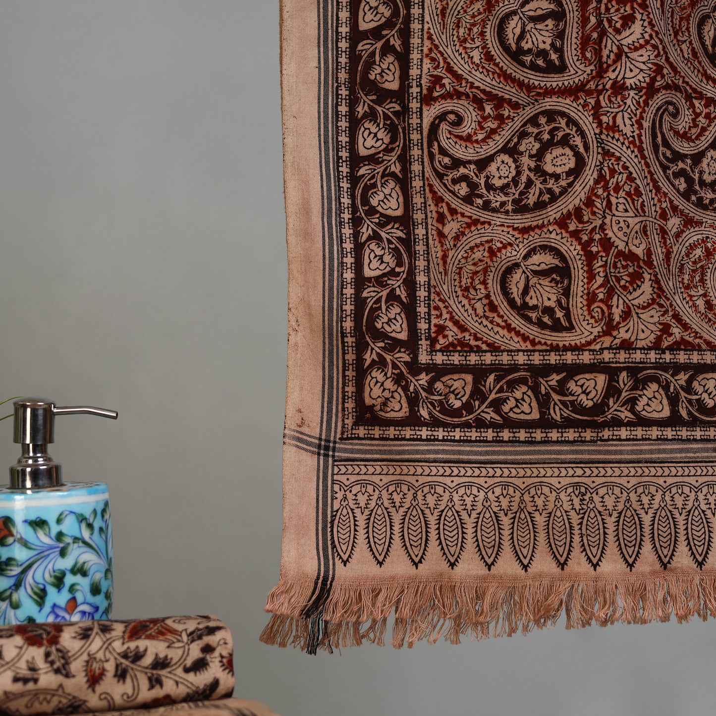 Maroon - Handloom Cotton Natural Dyed Block Print Pedana Kalamkari Towel 42