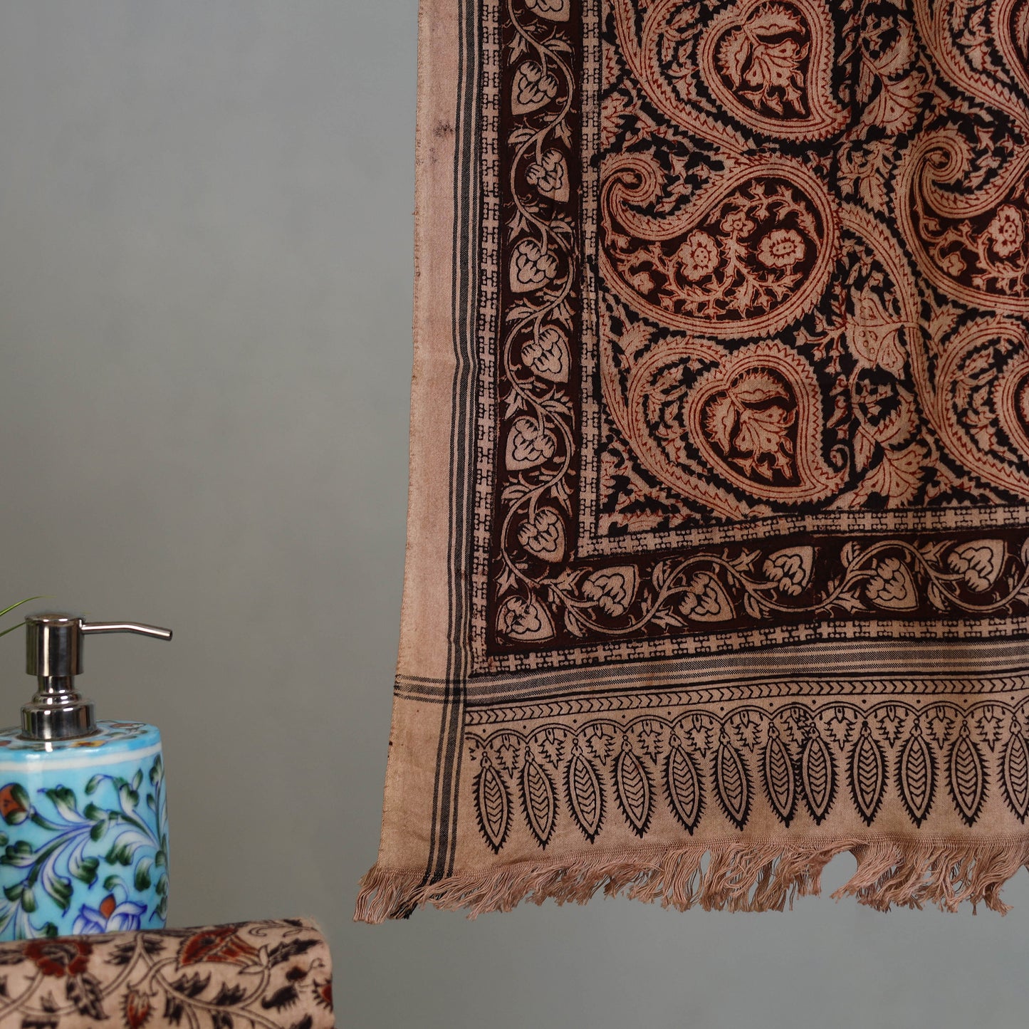 Maroon - Handloom Cotton Natural Dyed Block Print Pedana Kalamkari Towel 43