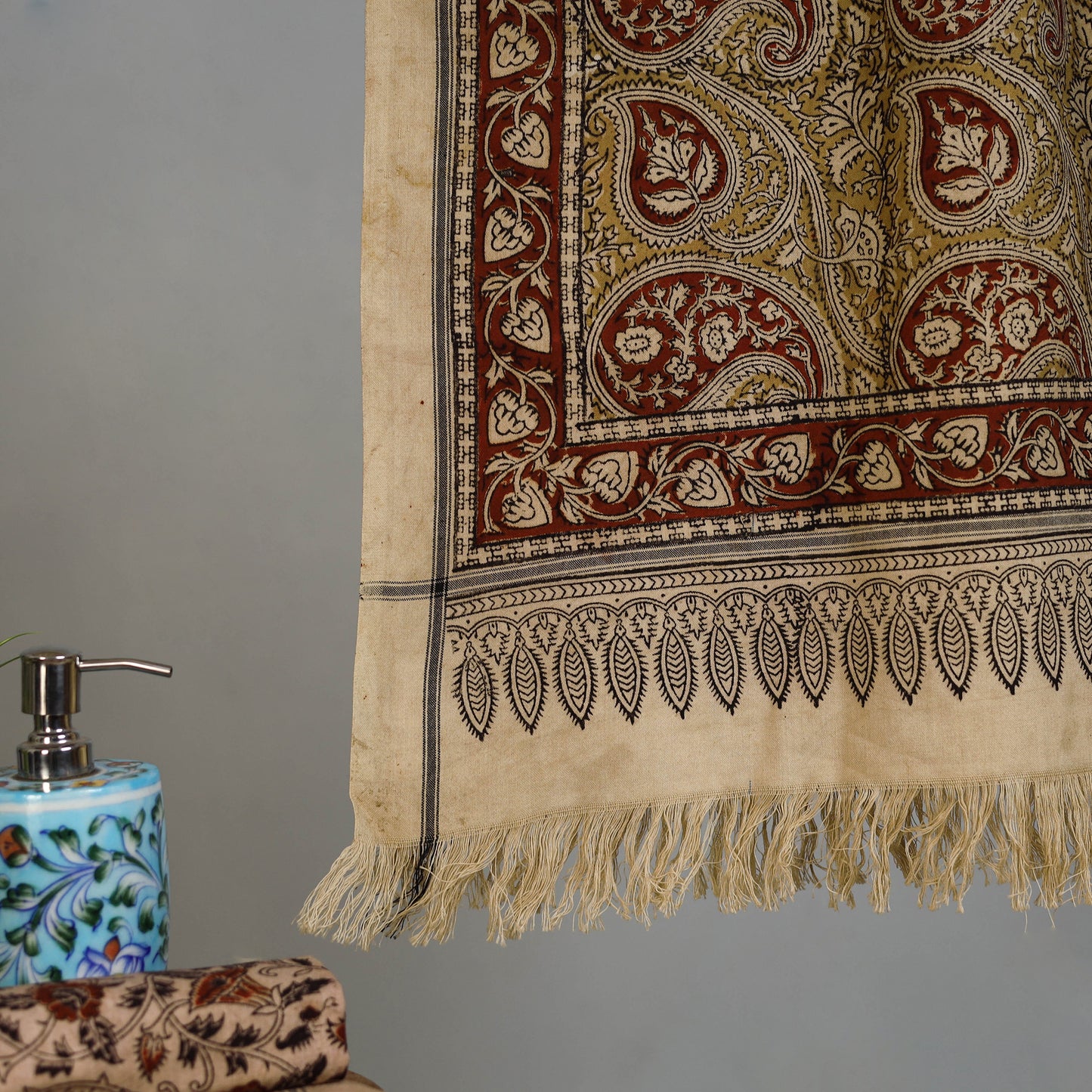 Yellow - Handloom Cotton Natural Dyed Block Print Pedana Kalamkari Towel 45