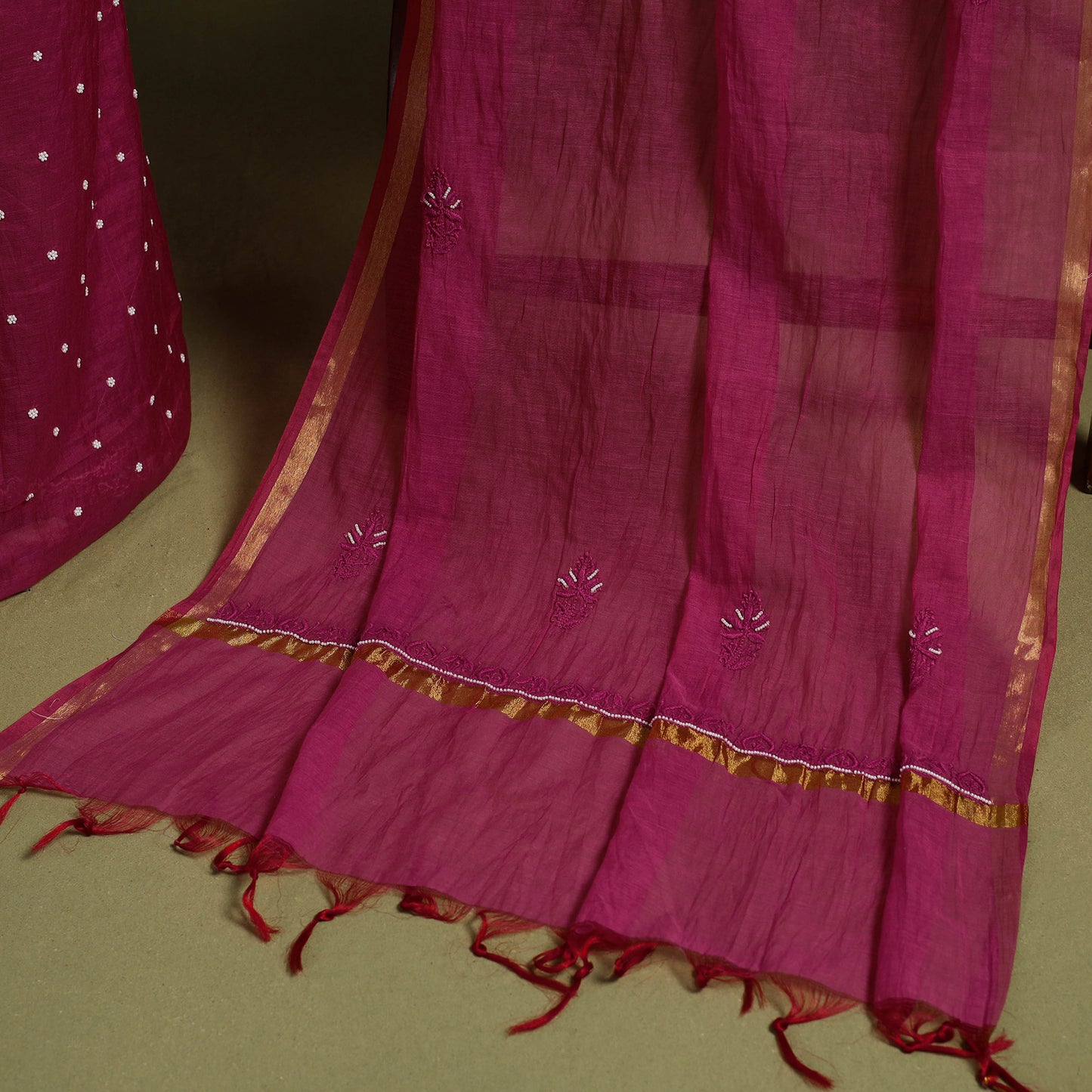 Pink Hand Embroidery 2pc Mul Chanderi Chikankari Dress Material