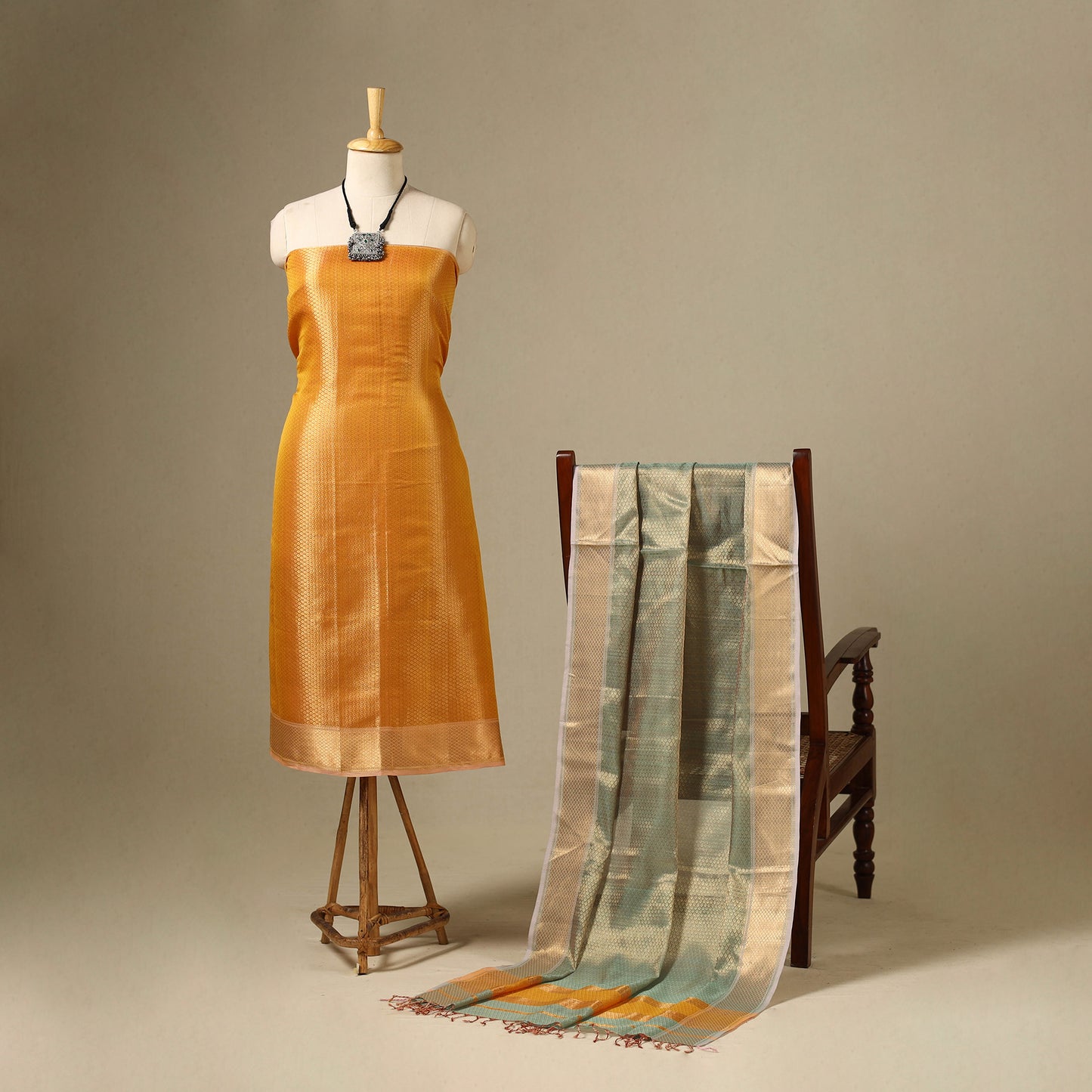 Yellow - 2pc heavy tissue zari handloom cotton maheshwari