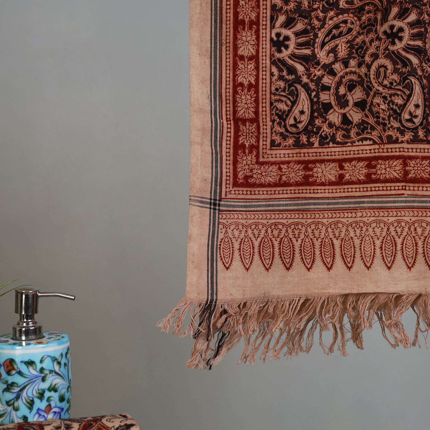 Brown - Handloom Cotton Natural Dyed Block Print Pedana Kalamkari Towel 46