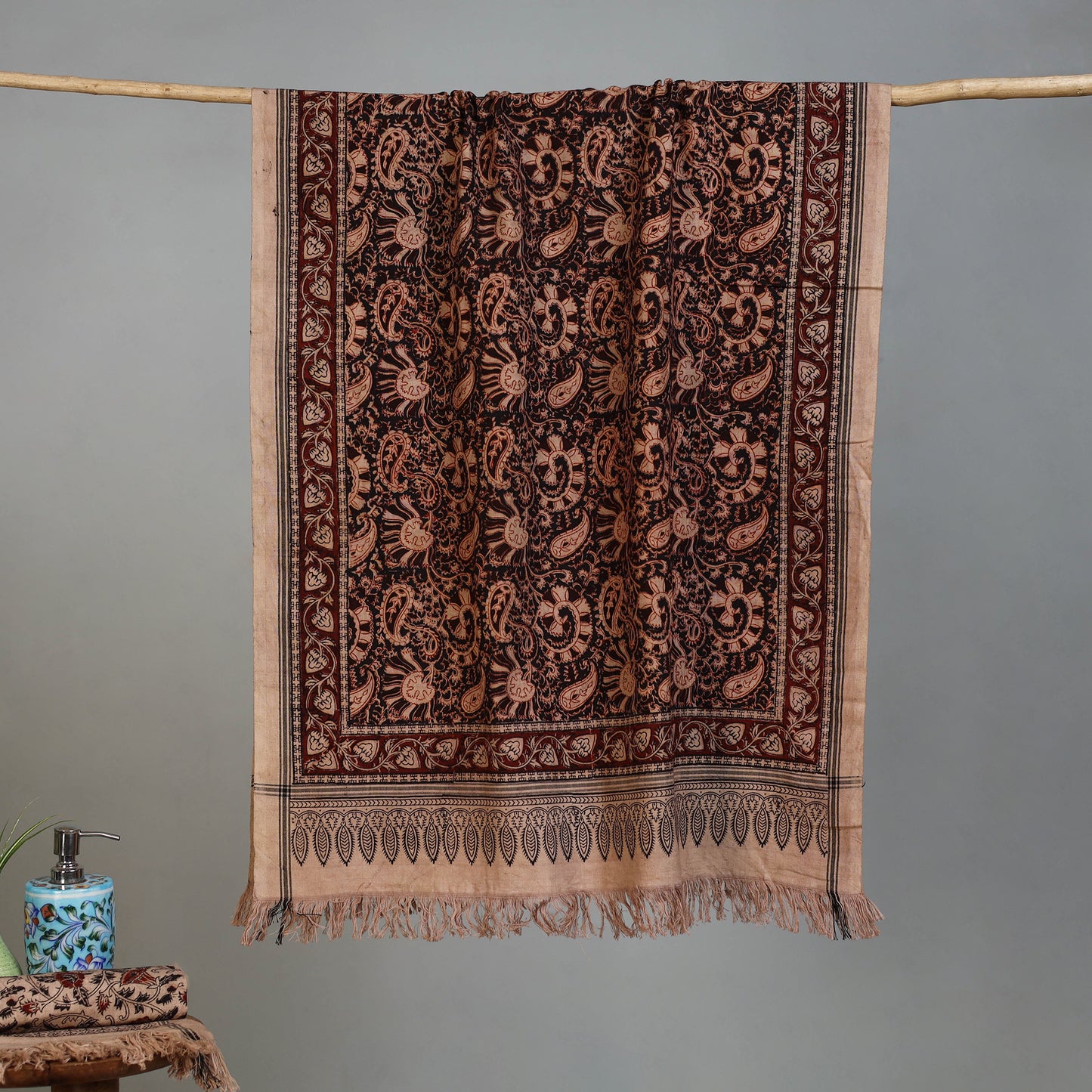 Brown - Handloom Cotton Natural Dyed Block Print Pedana Kalamkari Towel 47