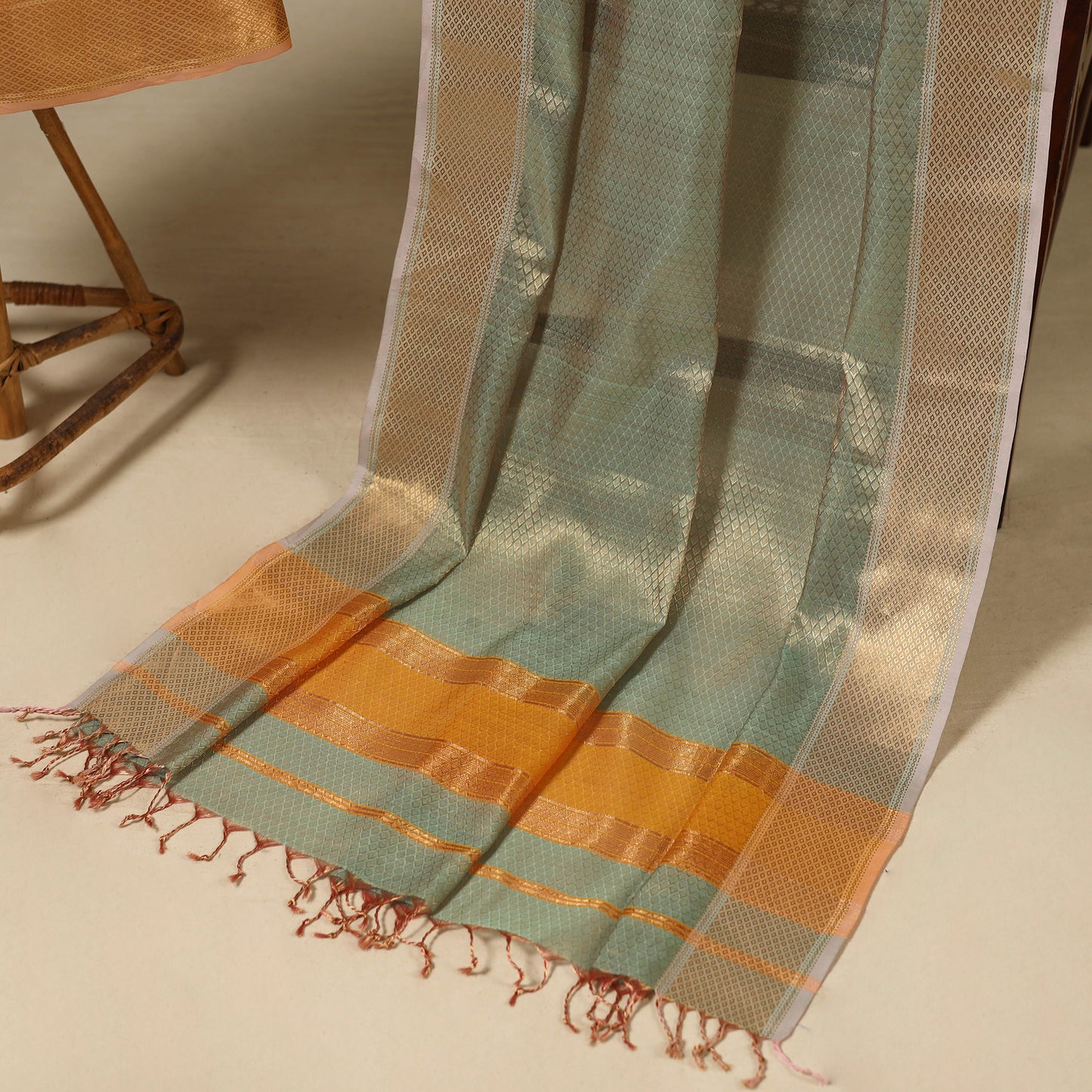 Yellow - 2pc heavy tissue zari handloom cotton maheshwari