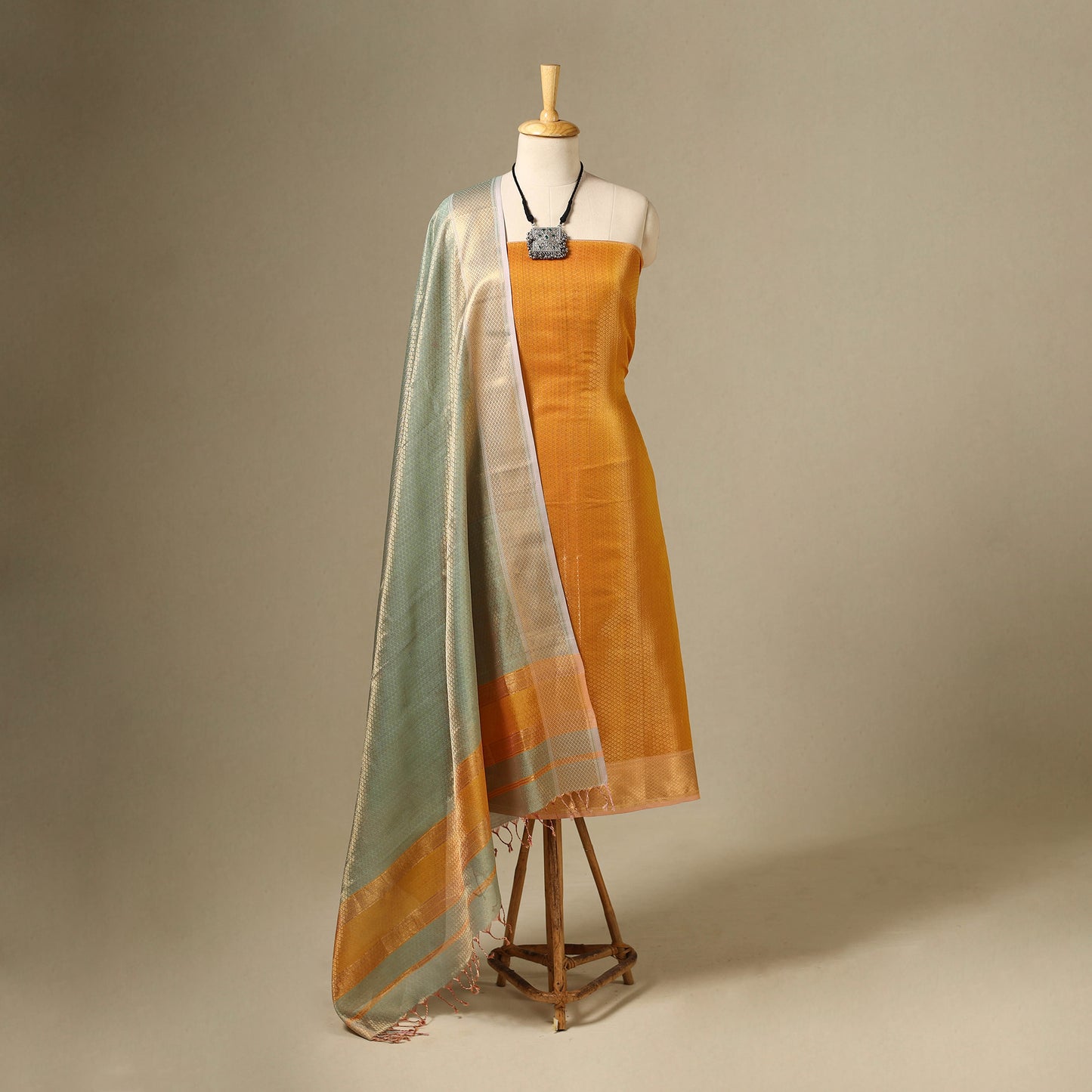 Yellow - 2pc heavy tissue zari handloom cotton maheshwari