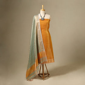 Yellow - 2pc heavy tissue zari handloom cotton maheshwari