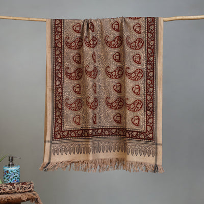 Beige - Handloom Cotton Natural Dyed Block Print Pedana Kalamkari Towel 48