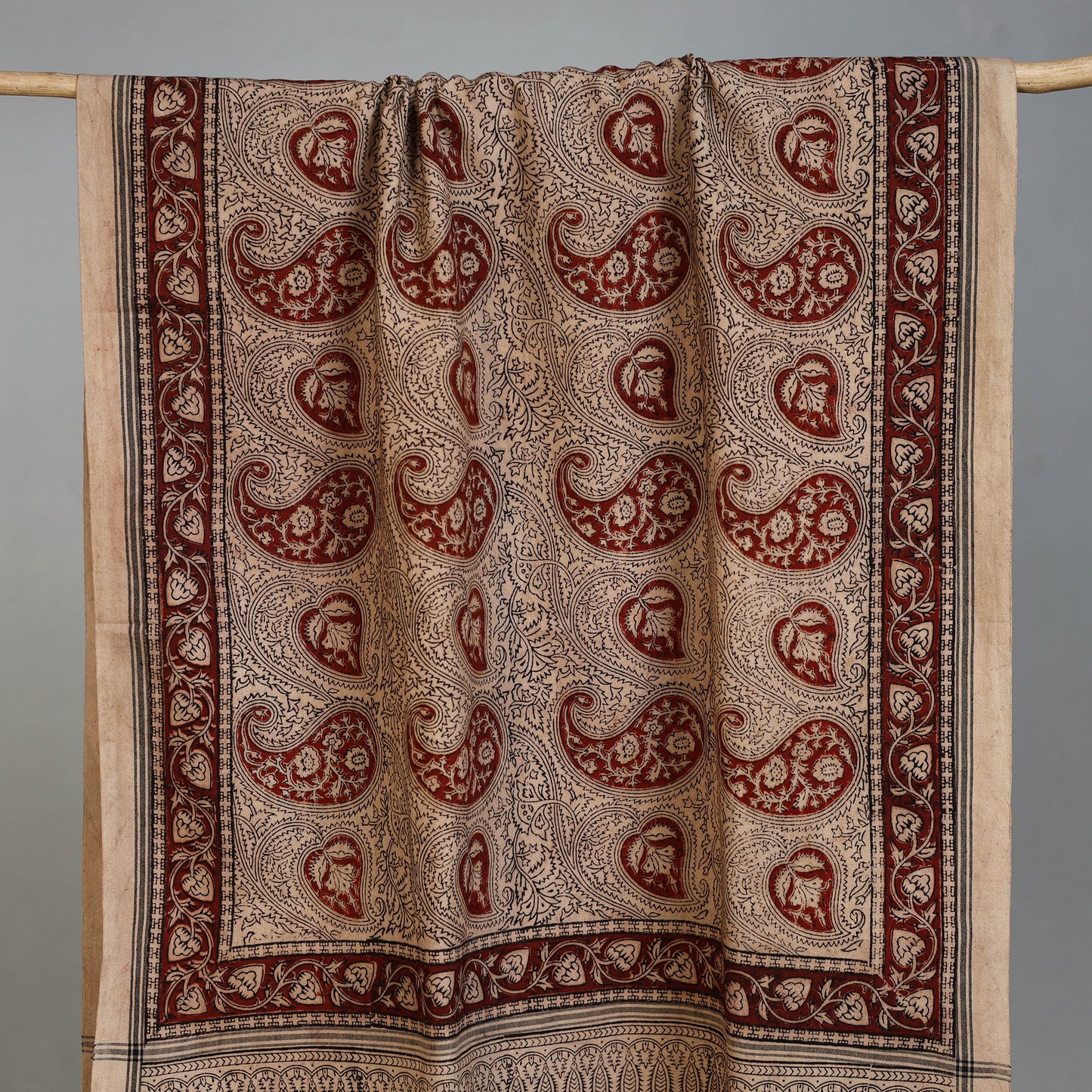 Beige - Handloom Cotton Natural Dyed Block Print Pedana Kalamkari Towel 48