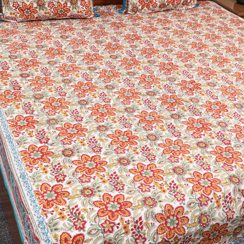 Multicolor - Pure Cotton Double Sanganeri Print Bed Cover Set 03