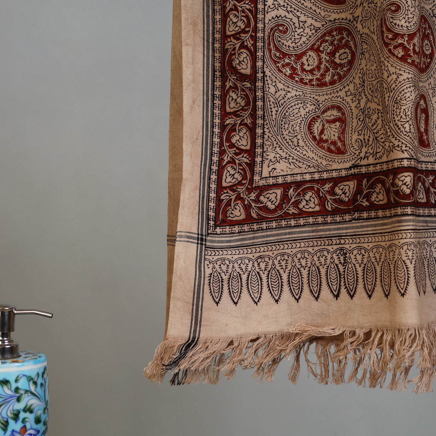 Beige - Handloom Cotton Natural Dyed Block Print Pedana Kalamkari Towel 48