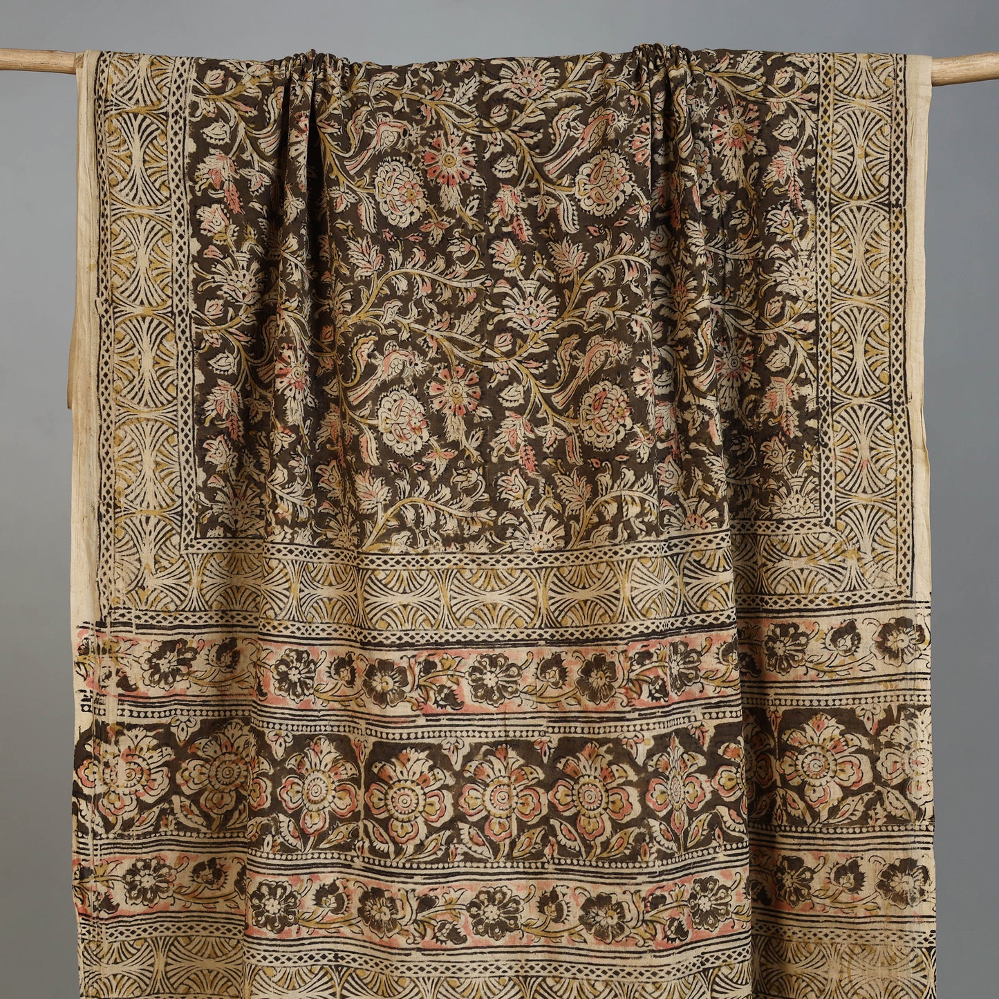 Yellow - Handloom Cotton Natural Dyed Block Print Pedana Kalamkari Towel 49