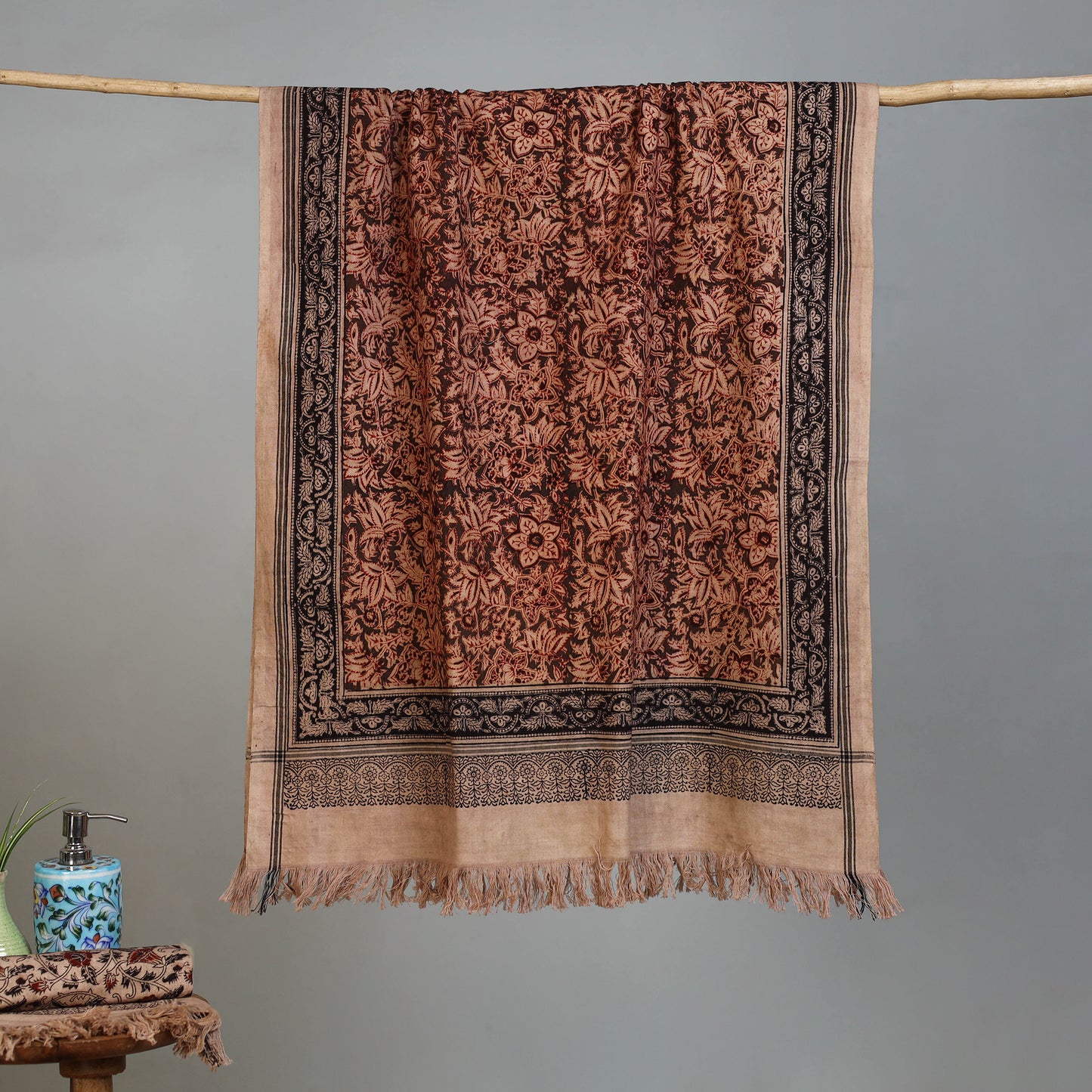 Brown - Handloom Cotton Natural Dyed Block Print Pedana Kalamkari Towel 51