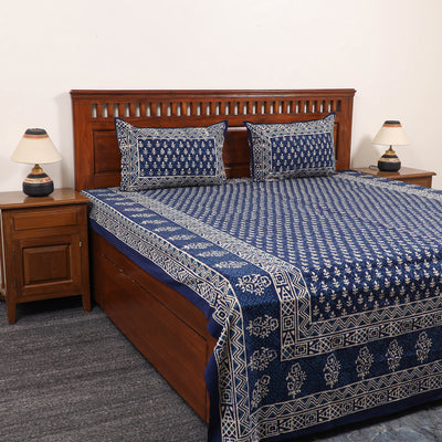 Blue - Pure Cotton Double Indigo Bagru Print Bed Cover Set 04