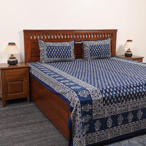 Blue - Pure Cotton Double Indigo Bagru Print Bed Cover Set 04