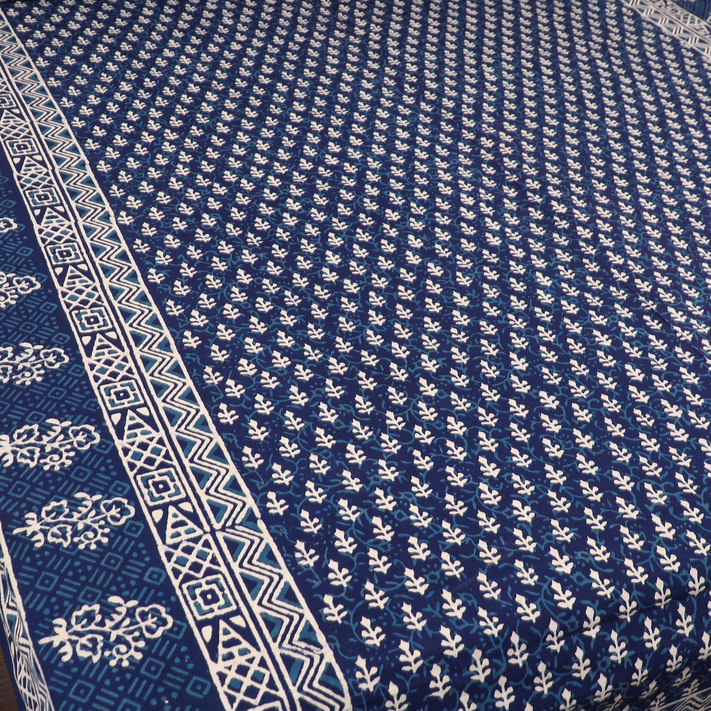 Blue - Pure Cotton Double Indigo Bagru Print Bed Cover Set 04