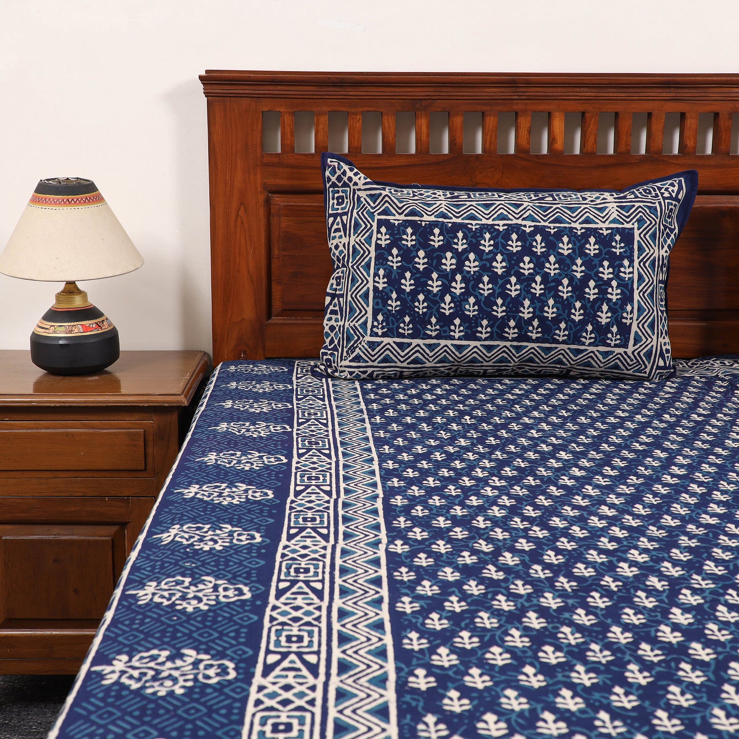 Blue - Pure Cotton Double Indigo Bagru Print Bed Cover Set 04