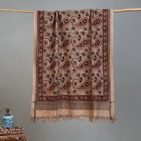 Beige - Handloom Cotton Natural Dyed Block Print Pedana Kalamkari Towel 53