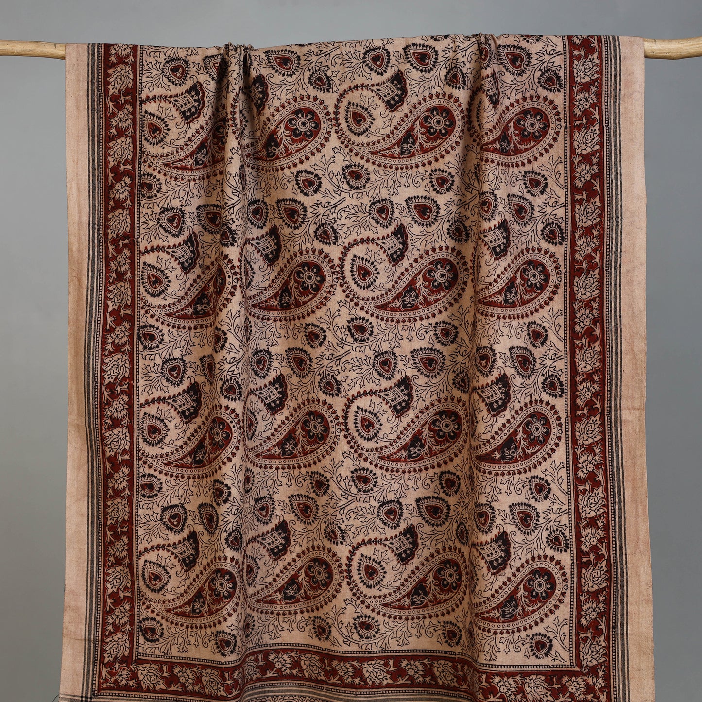 Beige - Handloom Cotton Natural Dyed Block Print Pedana Kalamkari Towel 53