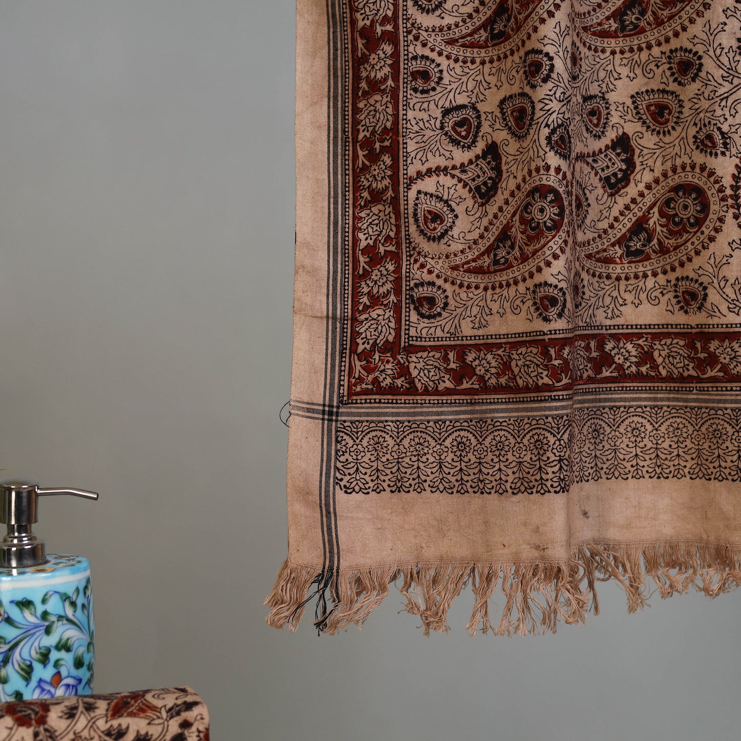 Beige - Handloom Cotton Natural Dyed Block Print Pedana Kalamkari Towel 53