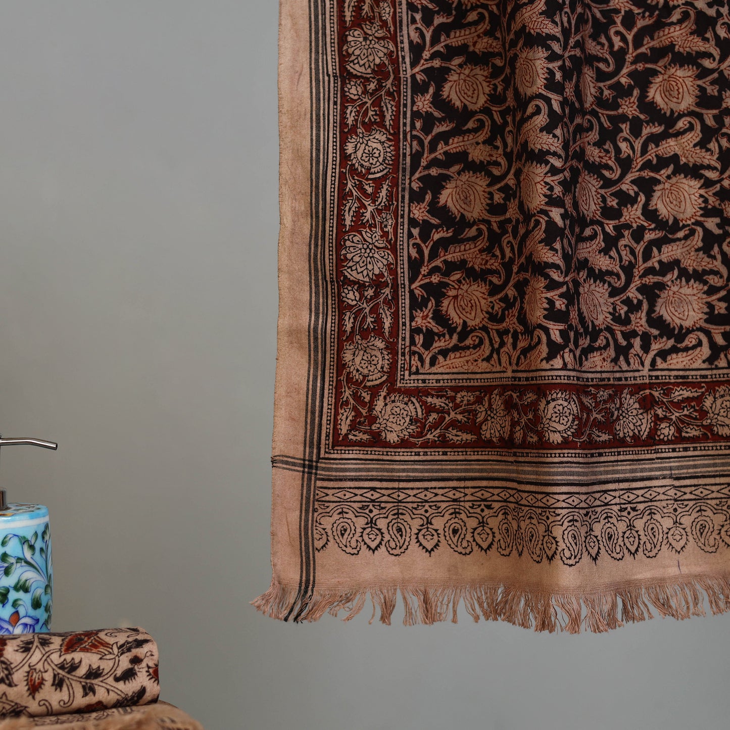 Brown - Handloom Cotton Natural Dyed Block Print Pedana Kalamkari Towel 55