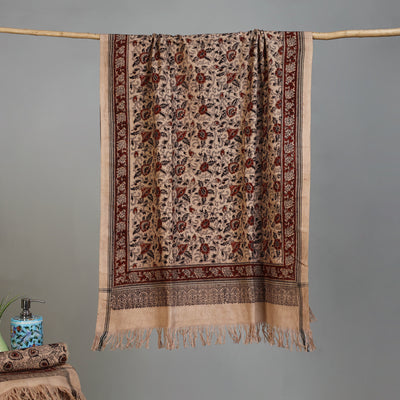 Beige - Handloom Cotton Natural Dyed Block Print Pedana Kalamkari Towel 25