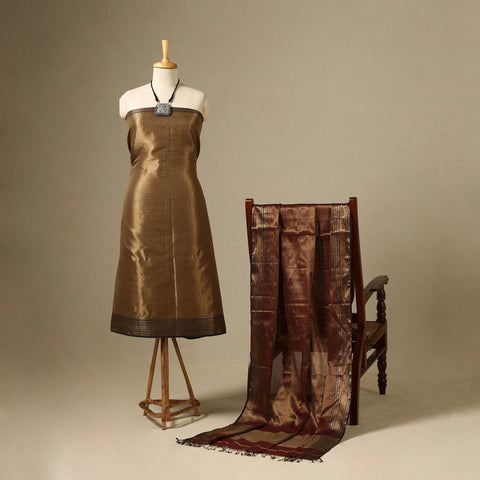 Brown 2pc Tissue Zari Handloom Cotton Maheshwari Dress Material