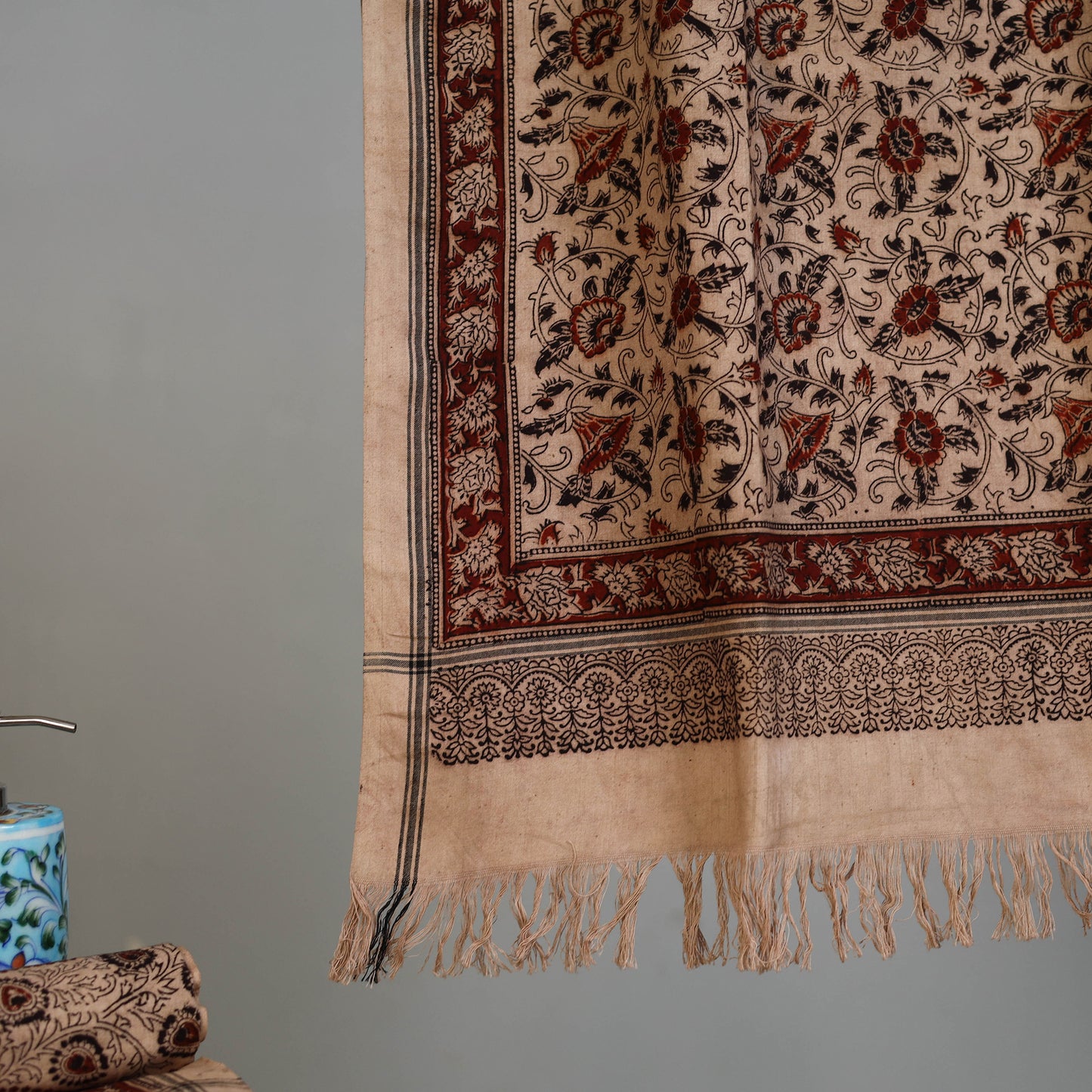 Beige - Handloom Cotton Natural Dyed Block Print Pedana Kalamkari Towel 25