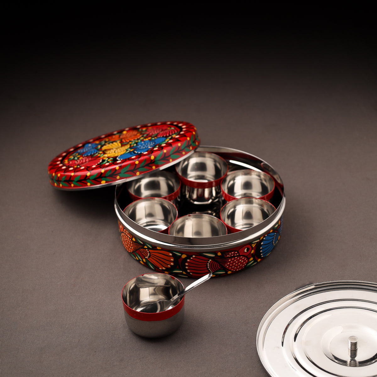 Bengal Patua Handpainted Stainless Steel Masala Box (7.2 x 7.2 in) 01