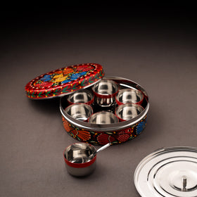 Bengal Patua Handpainted Stainless Steel Masala Box (7.2 x 7.2 in) 01