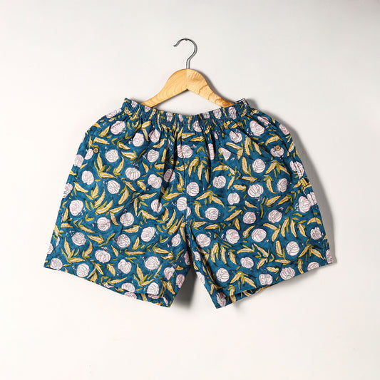 Blue - Sanganeri Block Printed Cotton Unisex Boxer/Shorts