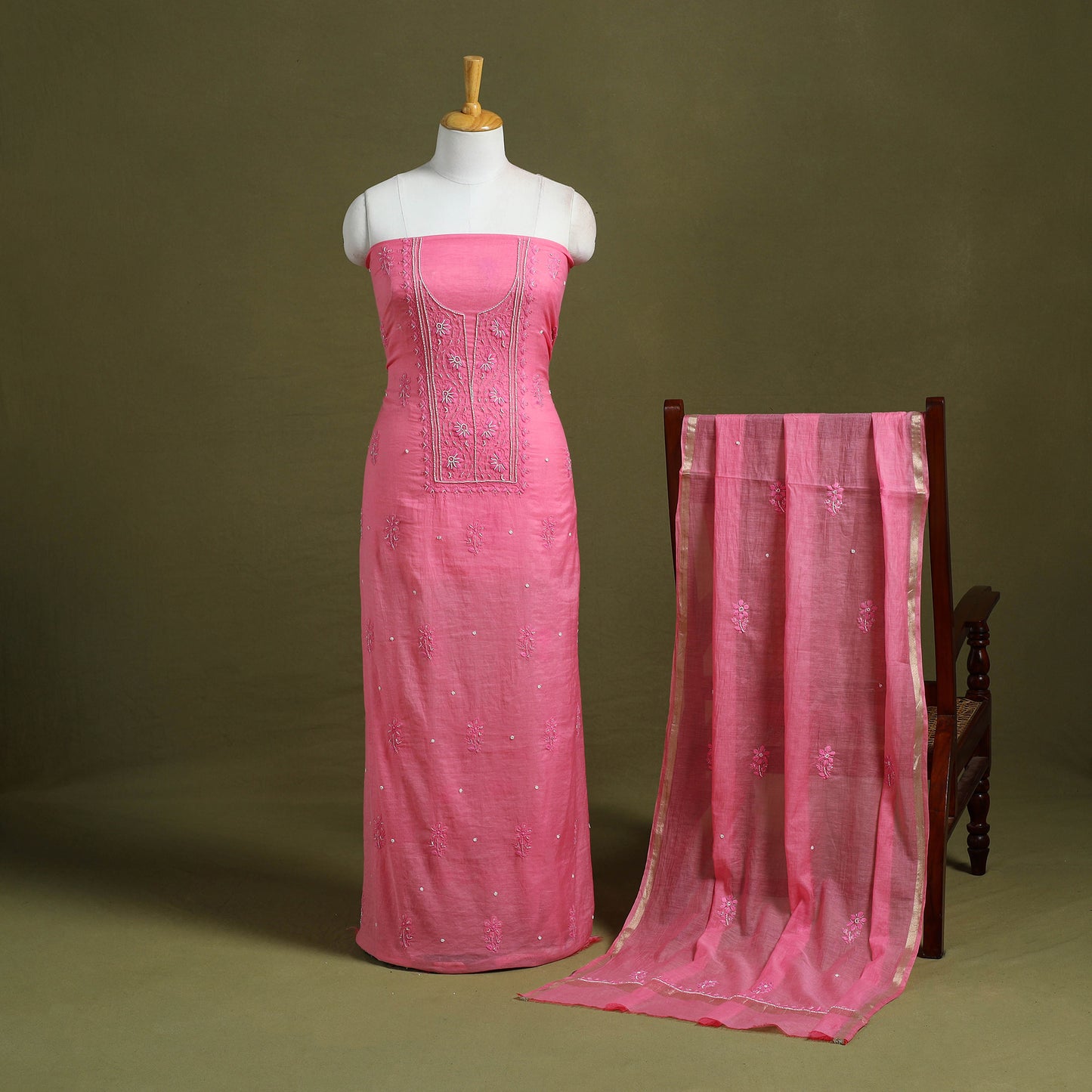 Pink Hand Embroidery 2pc Mul Chanderi Chikankari Dress Material