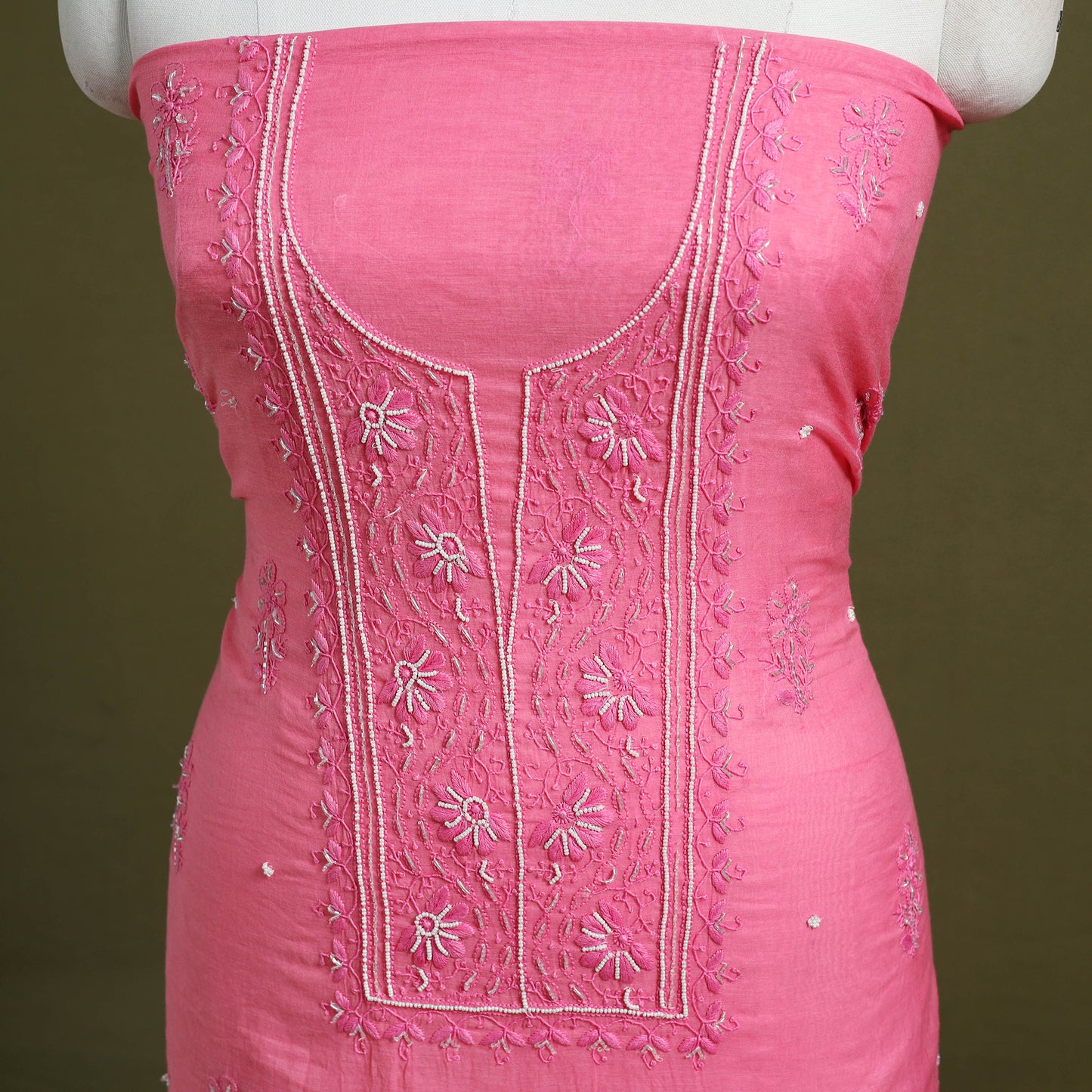 Pink Hand Embroidery 2pc Mul Chanderi Chikankari Dress Material