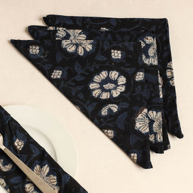 Set of 4 - Black Bagru Block Printed Cotton Table Napkins