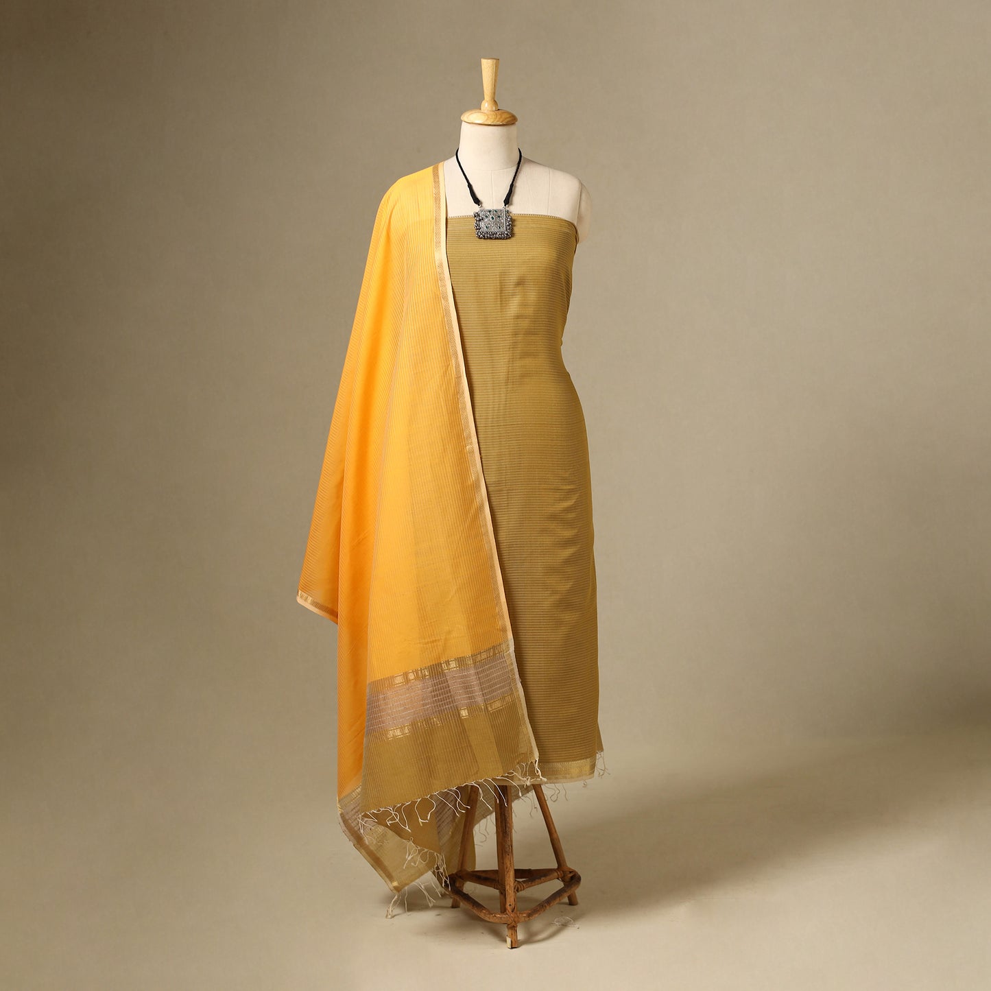 Yellow 2pc Handloom Silk Cotton Maheshwari Dress Material