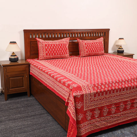 Red - Pure Cotton Double Bagru Print Bed Cover Set 05