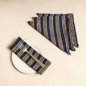 Set of 4 - Blue Bagru Block Printed Cotton Table Napkins