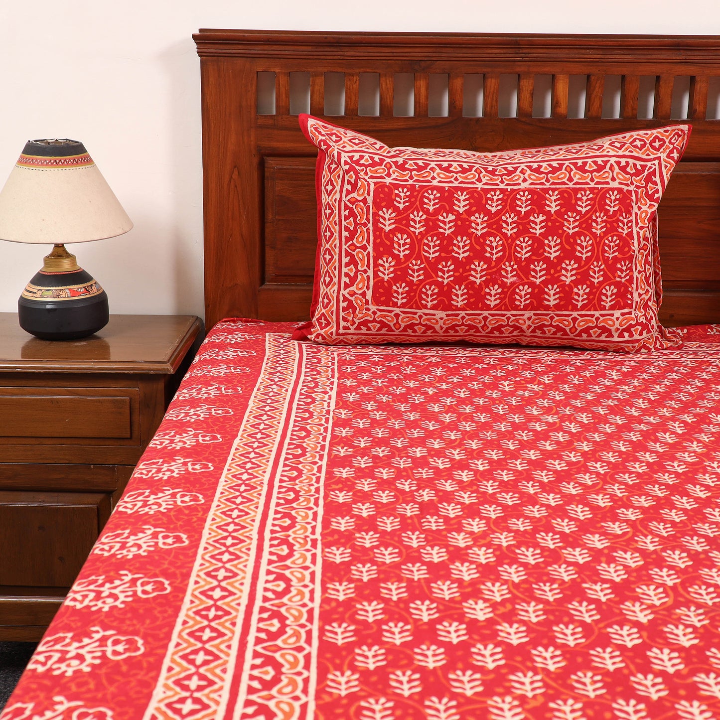 Red - Pure Cotton Double Bagru Print Bed Cover Set 05