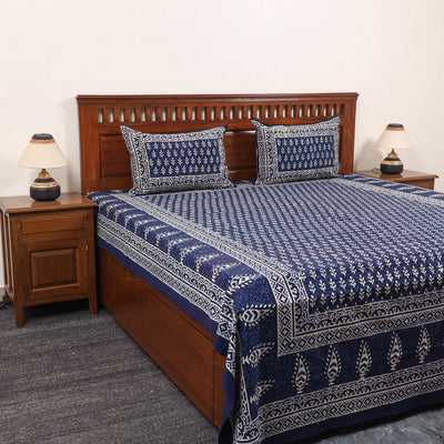 Pure Cotton Double Indigo Bagru Print Bed Cover Set 08