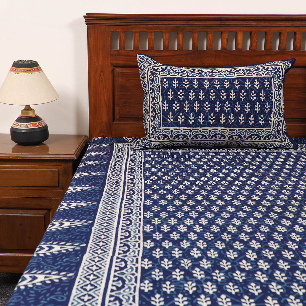 Pure Cotton Double Indigo Bagru Print Bed Cover Set 08