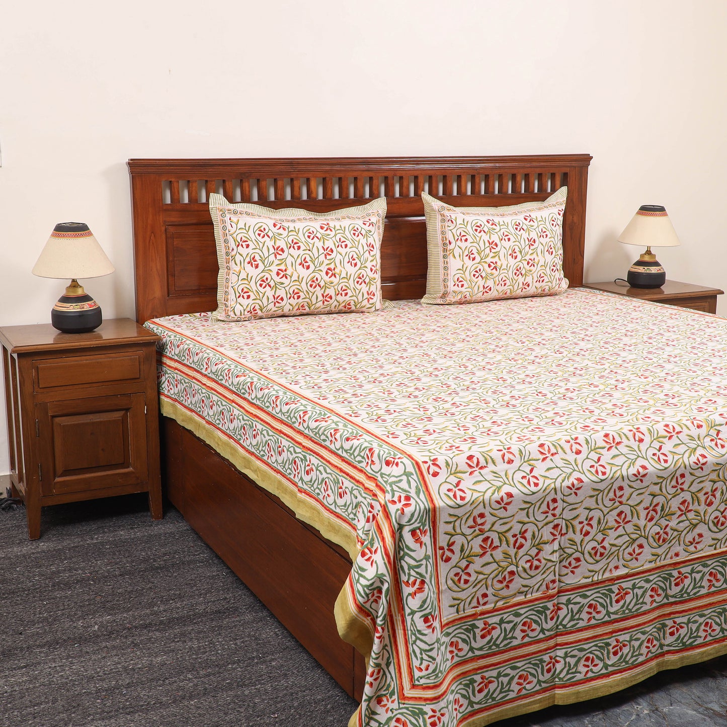 Multicolor - Pure Cotton Double Sanganeri Print Bed Cover Set 10