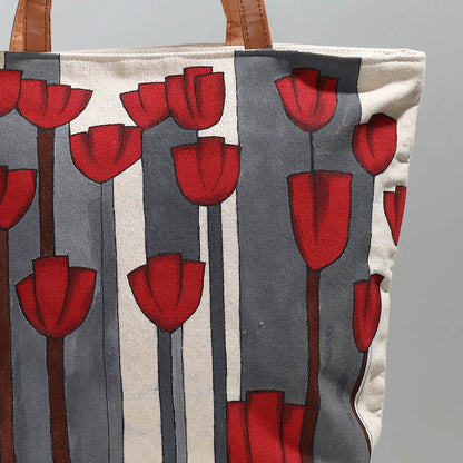 Beige - Red Flower - Handpainted Canvas Cotton Shoulder Bag