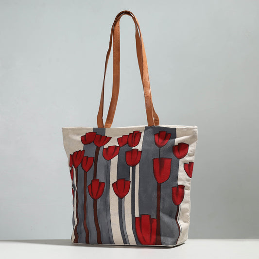Grey - Red Flower - Handpainted Canvas Cotton Shoulder Bag