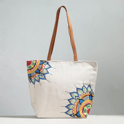 Beige - Mandala Art - Handpainted Canvas Cotton Shoulder Bag