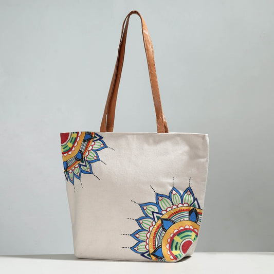 Beige - Mandala Art - Handpainted Canvas Cotton Shoulder Bag