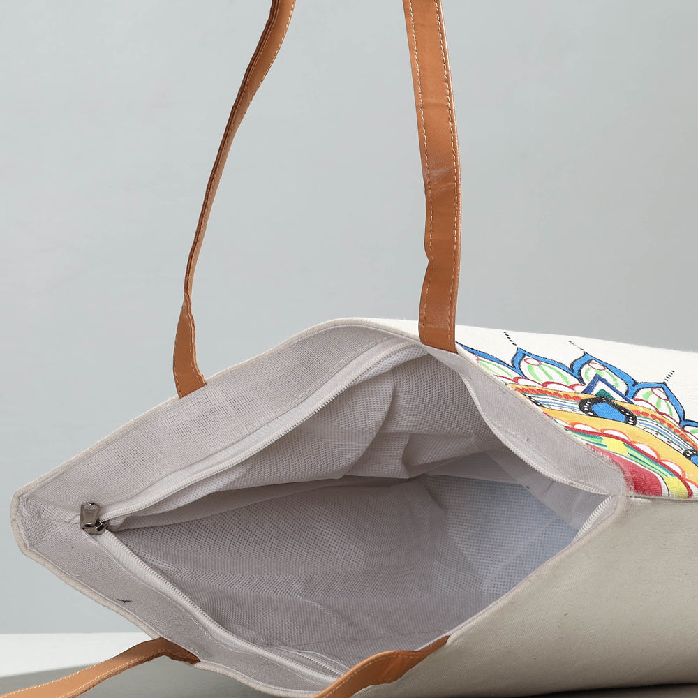 Beige - Mandala Art - Handpainted Canvas Cotton Shoulder Bag